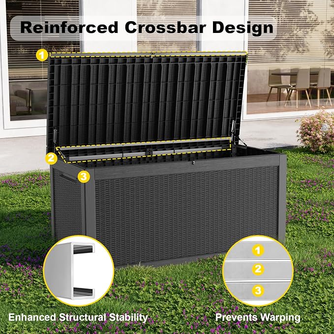 PatioZen 320 Gallon Resin Deck Box, Lockable Weatherproof Outdoor Storage Box for Furniture, Garden Tools and Tools Storage, Waterproof Outside Storage Boxes - Black - Image 4