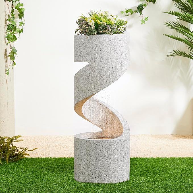 Glitzhome Outdoor Water Fountain with LED Light, Spiral Tiered Water Fountain Outdoor with Stone Planter, Modern Curved Waterfalls Feature Fountains for Garden Patio Porch, 31.3”H