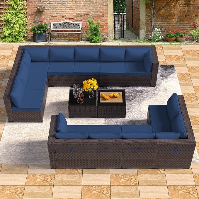 14 Pieces Outdoor Patio Furniture Set,Outdoor Sectional Furniture All Weather PE Rattan Wicker Patio Conversation Set with 2 Coffee Tables and 12 Thickened Cushions,Navy Blue