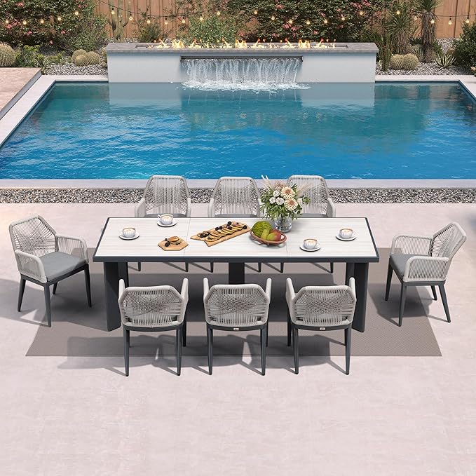 PURPLE LEAF 9 Pieces Patio Dining Set Aluminum Modern Rectangular Table and Rattan Arm Chairs with Cushions for Kitchen Porch Garden Outdoor Furniture Sets, Beige and Dark Grey - Image 2