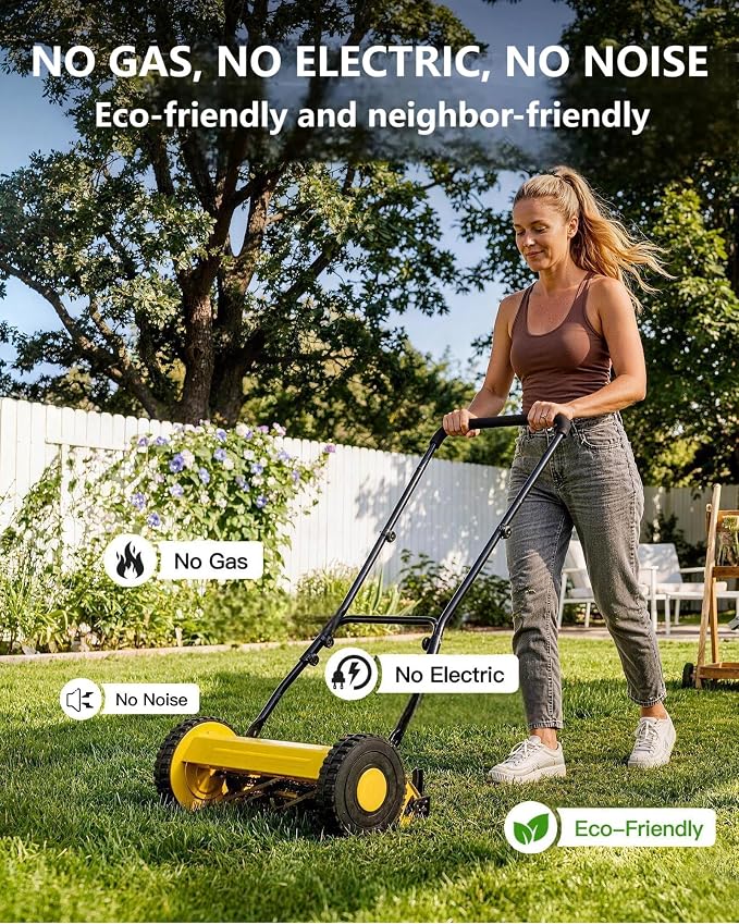 14-Inch Hand Push Reel Lawn Mower, 5-Blade Manual Push Lawnmower, 0.4-4“ Adjustable Cutting Height, Lightweight for Small/Medium Yards, Easy Assembly, Compact & Quiet, Yellow - Image 6