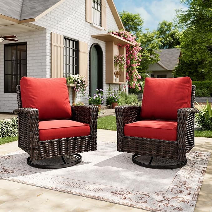 Swivel Patio Wicker Chairs Set of 2, High Back Outdoor Swivel Patio Rattan Chairs with 5.5" Thick Cushions for Bistro Balcony Porch Deck and Yard, Red