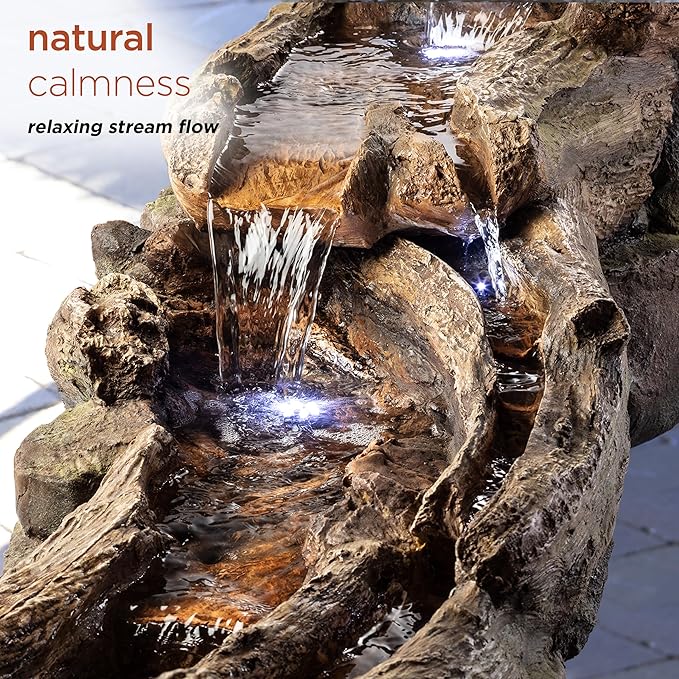 Alpine Corporation 80" Long Indoor/Outdoor Wood River Log Water Fountain with LED Lights, Cascading Natural Water Feature for Gardens, Patios, Yards, and Outdoor Decor, Brown and Gray