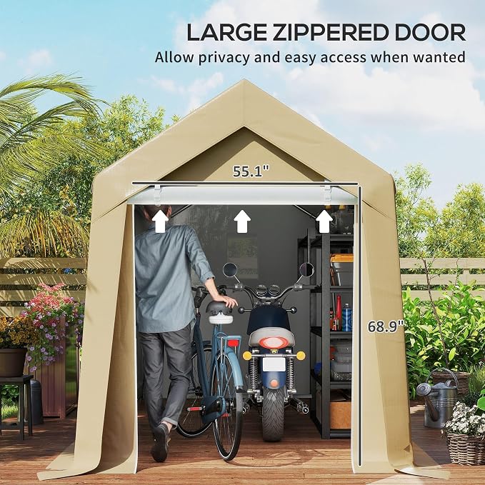 Outsunny 7' x 12' Portable Storage Shed Shelter, Heavy Duty Outdoor Shed, Waterproof Garden Storage Tent with Ventilation Window and Roll-up Zipper Door for Bike, Motorcycle, Garden Tools, Beige - Image 5