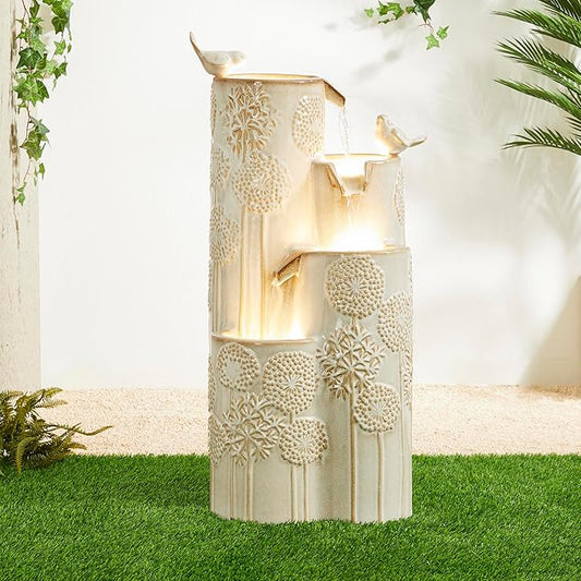 Glitzhome Water Fountain Outdoor with LED Lights, 4-Tier Vase Shaped Ceramic Outdoor Fountain, Dandelion Glaze Water Fountains Feature for Garden Backyard Patio, Sand Beige, 31.7”H