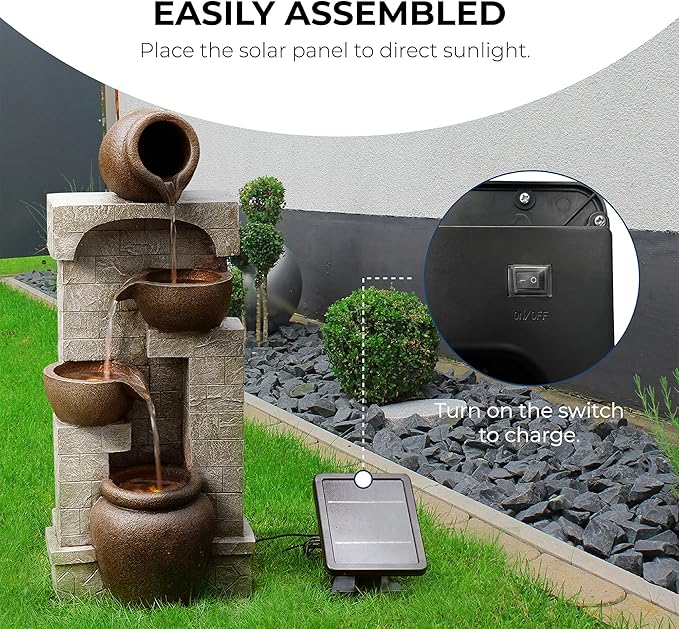Teamson Home 28 in. Cascading Bowls and Stacked Stones LED Outdoor Water Fountain for Outdoor Living Spaces to Create a Calming Oasis in Gardens and Landscaping, on Patios, Balconies, Lawns, Brown
