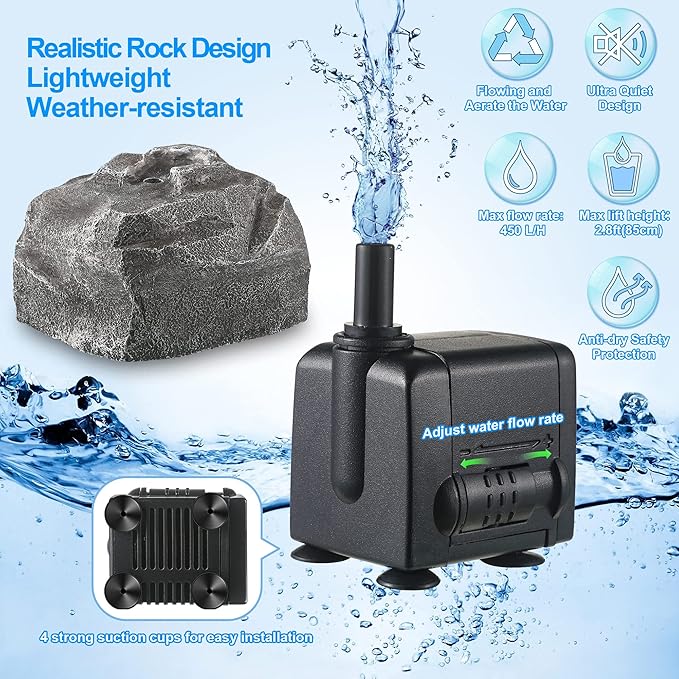 Saillong Bird Bath Water Fountain, Granite Air Pump Rock with Pump for Bird, Rock Waterfall Fountain, Feeder, Aquariums, Fish Tank (with Electric Power Source)