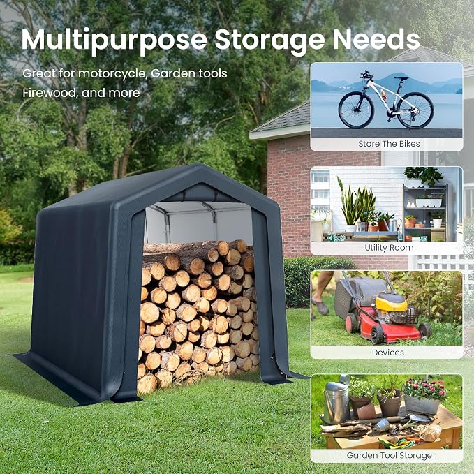 PHI VILLA 6x10ft Storage Shelter Shed, Portable Carports Outdoor Garage Canopy with Roll up Zipper Doors & Vents Waterproof UV Resistant Garages Tent for Cars,Boats,Tools, Motorcycle, Gray - Image 2