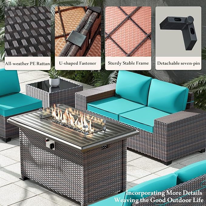 13 PCS Outdoor Patio Furniture Set,Outdoor Sectional Furniture with 43" 55000 BTU Gas Propane Fire Pit Table,All Weather PE Rattan Wicker Patio Conversation Set,Turquoise Blue