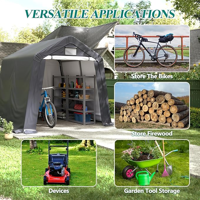 GARTOO 8' x 8' Outdoor Storage Shelter Shed- Heavy Duty Storage Tent with Roll-up Ventilated Windows, Portable Garage Zipper Storage shed for Bike, ATV, Motorcycle Shelter, Gray - Image 7