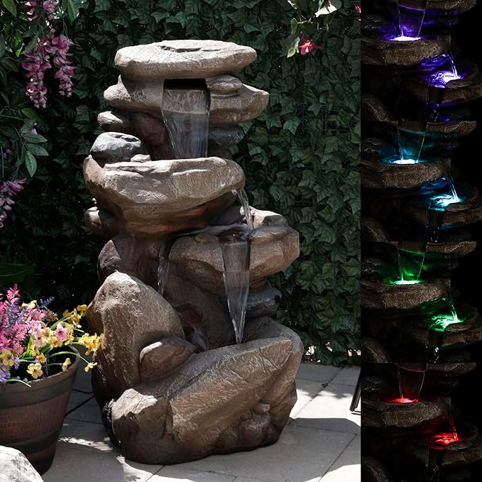Alpine Corporation 40" Tall Floor Fountain, Tiered Rock Water Feature with Color-Changing LED & Remote, Cascading Streams for a Tranquil Garden, Patio, Yard, Deck, or Porch, Light Brown