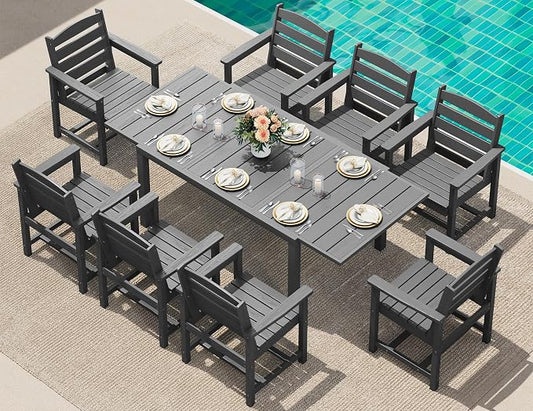 SERWALL 9-Piece Outdoor Dining Set, 60" - 83" Expandable Outdoor Dining Table and 8 HDPE Chairs, All Weather HDPE Outdoor Furniture Set for Backyard, Garden, Grey by SERWALL