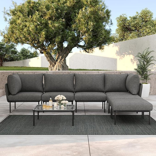 LayinSun 7 Pieces Aluminum Patio Furniture Set, Modern Modular Sectional Sofa with Coffee Table and Upgrade Thickness Cushion