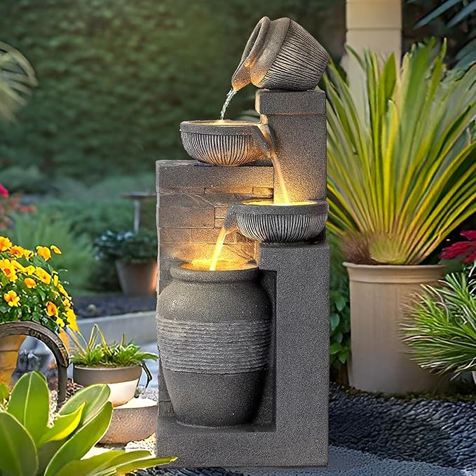 4-Tier Outdoor Indoor Water Feature Fountain, 32" H Indoor Cascading Waterfall with 3 LED Lights, Floor Standing Garden Fountain for Garden, Deck, Backyard, Patio, Yard (Grey)