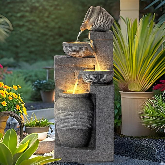 4-Tier Outdoor Indoor Water Feature Fountain, 32" H Indoor Cascading Waterfall with 3 LED Lights, Floor Standing Garden Fountain for Garden, Deck, Backyard, Patio, Yard (Grey)