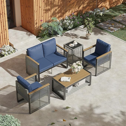 HOMREST Outdoor Metal Furniture Set, 5 Pieces Patio Sectional Conversation Chat Sofa,Love seat with Coffee Table & Side Table,Wood Armrest and High-Resiliency Sponge Cushions(Blue)