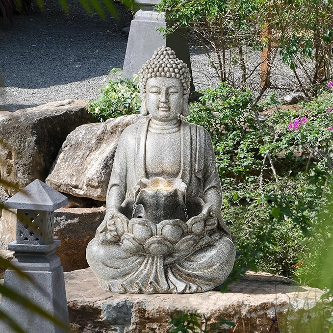 Glitzhome Buddha Fountain Outdoor with Pump & LED Light 23.25" H, 2-Tier Zen Style Concrete Meditating Buddha Statues Water Fountains Floor Fountains Buddhas Sculpture for Garden Patio Backyard