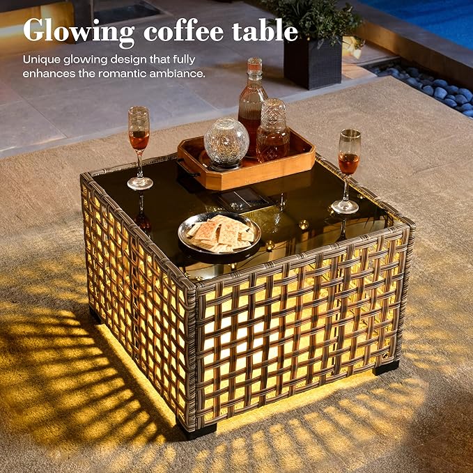 9 Pcs Patio Furniture with Fire Pit Table, Outdoor Rattan Wicker Conversation Set with Glowing Coffee Table, Comfy Sectional Sofa for Porch Balcony Backyard Pool, Black