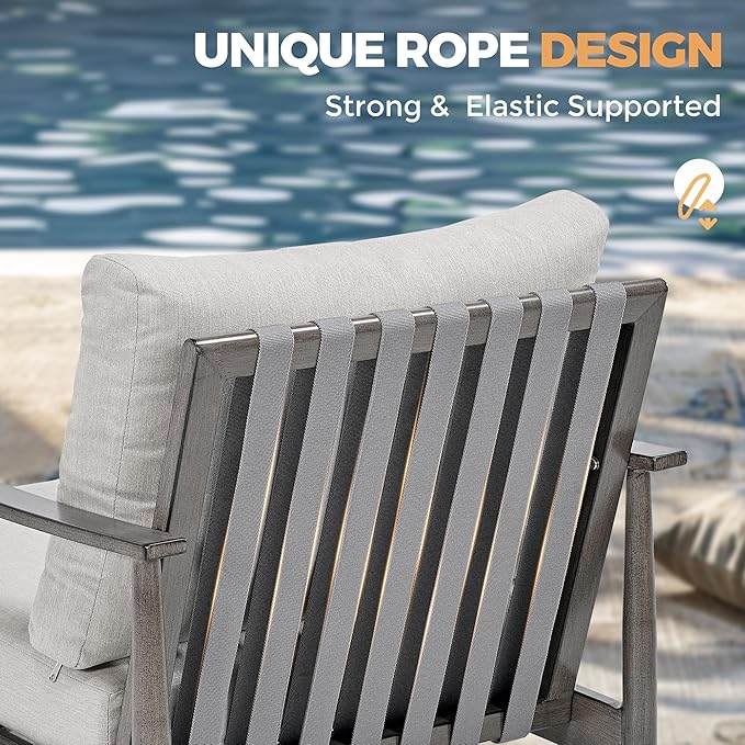 HAPPATIO Patio Outdoor Furniture Set - 7 Pieces Aluminum Outdoor Conversation Set Includes 1 Three-Seater Sofa, 1 Loveseat, 1 Coffee Table, 2 Swivel Chairs and 2 Ottomans for Porch, Lawn (Grey)