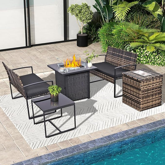 FHFO 5 Piece Outdoor Patio Furniture Set with 28”Gas Fire Pit Table & Ice Bucket Storage Box, Outdoor Wicker Rattan Patio Conversation Set for Outside, Poolside, Balcony, Porch, Yellow-Black