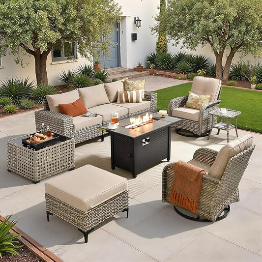 Patio Furniture Set,9 Pieces Outdoor Wicker Conversation Sets with 42 in Fire Pit Table,2 Wicker Rocking Chair & Coffee Table,Outdoor Sectional Sofa for Balcony Backyard Poolside Garden Lawn(Beige)