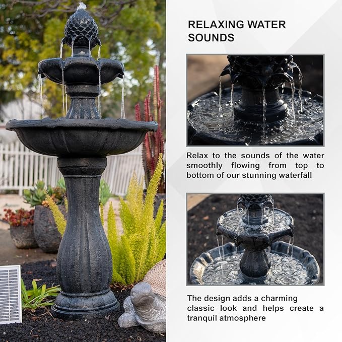 XBrand 44" Solar Powered 2-Tier Outdoor Water Fountain, Fiberglass Resin Fountain with Auto Shut-Off Pump, Black