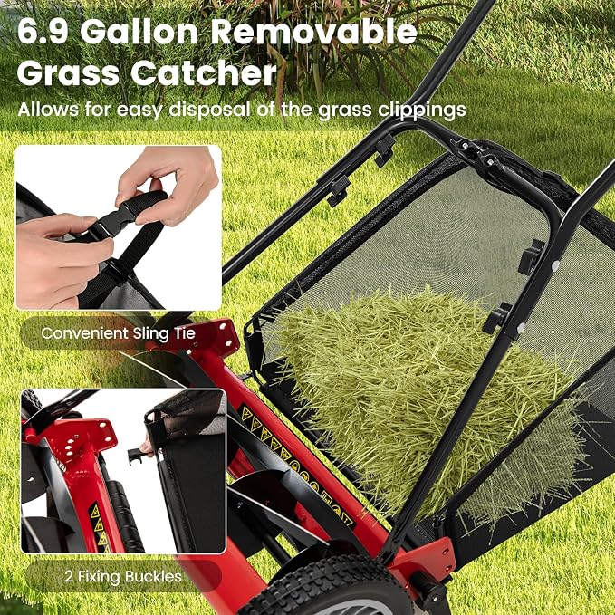 16-inch 5-Blade Push Reel Lawn Mower, Walk-Behind Grass Cutter w/Removable 7 Gallon Grass Catcher Bag & Adjustable Cutting Height, Cordless Manual Lawn Mower for Garden, Lawn, Yard (Red) - Image 4