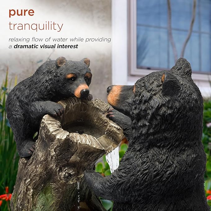 Alpine Corporation USA1132 Indoor/Outdoor Floor Bear and Cub on Log Fountain, Playful Bear and Cub Garden Fountain 26", Black