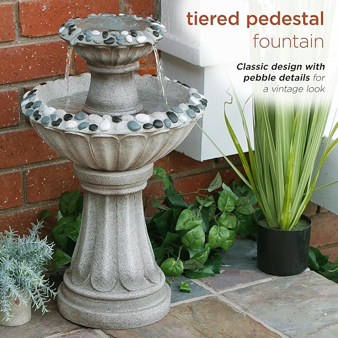 Alpine Corporation ZEN640S 24" 2 Tier Classic Pedestal Water Fountain, Indoor/Outdoor Floor Water Feature for Garden, Patio, and Home Décor, Gray