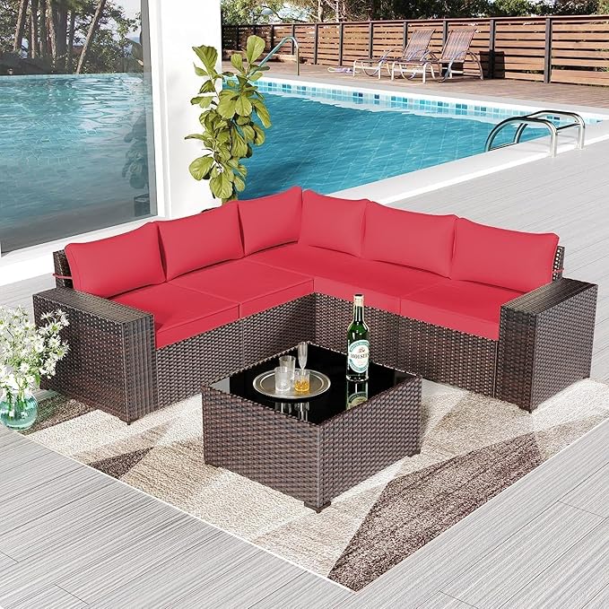 6 PCS Outdoor Patio Furniture Set,Outdoor Sectional Furniture All Weather PE Rattan Wicker Patio Conversation Set with Coffee Table and 5 Thickened Cushions,Red