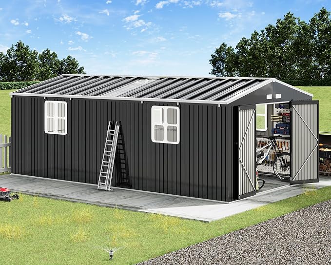 VanAcc 12x20x7.2 FT Outdoor Storage Shed with 2 Transparent Panels, Metal Garden Shed with Hinged Double Doors, Windows & Vents, Reinforced Steel Frame for Backyard Garden, DIY Workshop, Dark Gray by VANACC