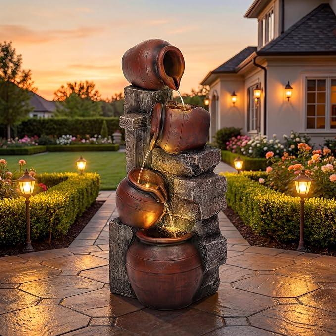 31.5" H Outdoor Water Fountain with LED Lights and Pump, Cascading Pitchers Farmhouse Garden Fountain Waterfall for Patio, Porch, or Yard