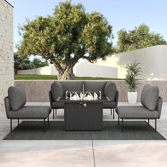 LayinSun 5 Pieces Aluminum Patio Furniture Set, Modern Modular Sectional Sofa with Fire Pit Table and Upgrade Thickness Cushion