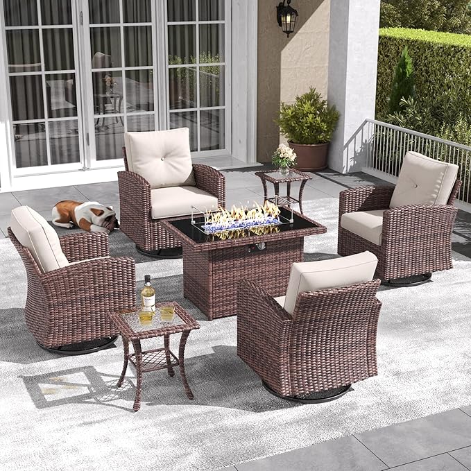 LayinSun 7 Pieces Patio Furniture Set with Swivel Chairs, Rattan Wicker Rocking Glide Chairs with 44" Propane Gas Fire Pit Table Conversation Set