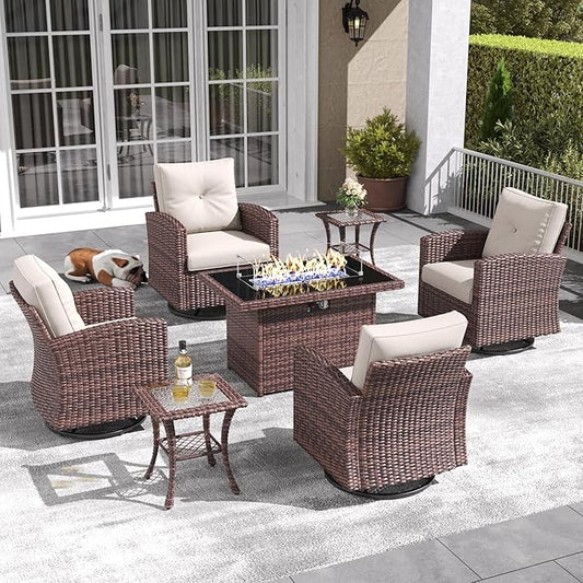 LayinSun 7 Pieces Patio Furniture Set with Swivel Chairs, Rattan Wicker Rocking Glide Chairs with 44" Propane Gas Fire Pit Table Conversation Set