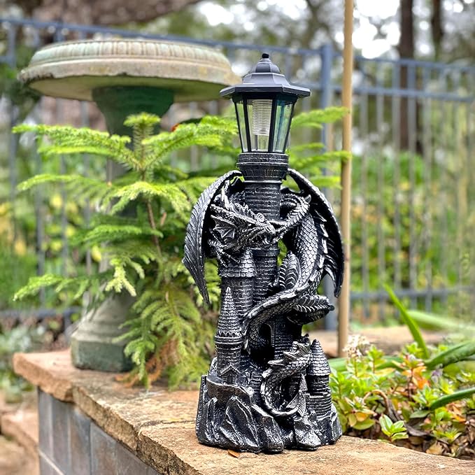 Zeckos 'Keeper of The Castle' Medieval Dragon Statue with Solar-Powered LED Lantern - 21 Inches High - Majestic Outdoor Decor Symbolizing Protection and Gothic Enchantment