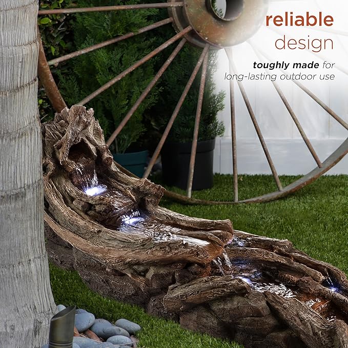 Alpine Corporation 80" Long Indoor/Outdoor Wood River Log Water Fountain with LED Lights, Cascading Natural Water Feature for Gardens, Patios, Yards, and Outdoor Decor, Brown and Gray