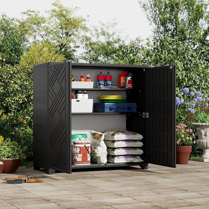 ZZM Indoor/Outdoor Storage Cabinet Waterproof, 34"x15"x34" Plastic Outdoor Storage Box for Garden Balcony Bathroom, All Weather Outdoor Storage Clearance, DIY Usage, with 1 Shelf (Black) - Image 2