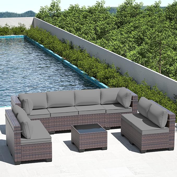 9 Pieces Outdoor Patio Furniture Set,Outdoor Sectional Furniture All Weather PE Rattan Wicker Patio Conversation Set with Coffee Table and 8 Thickened Cushions,Grey