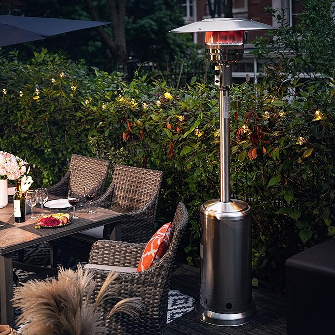 Nuu Garden Outdoor Propane Patio Heater, 46,000 BTU with Stainless Steel Propane Gas Patio Heater and Wheels, Silver for Garden and Terrace