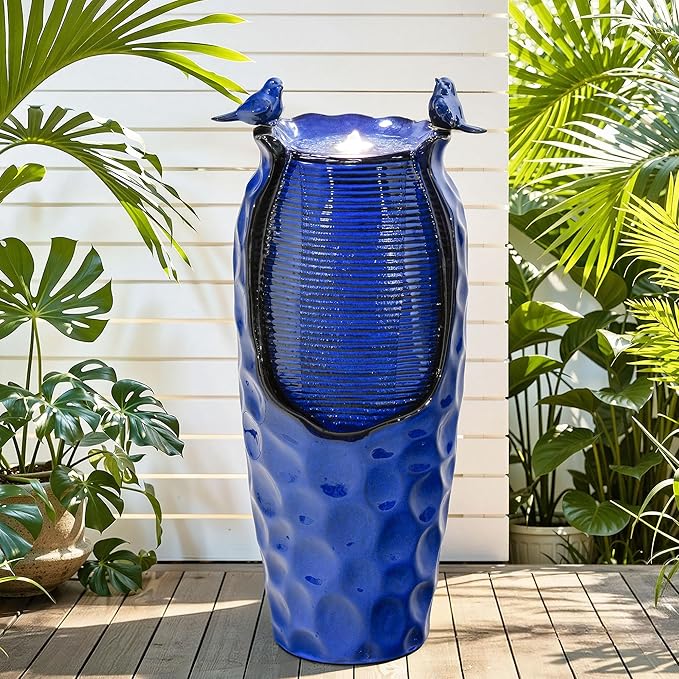 32.5" H Ceramic Jar Outdoor Fountain, Honeycomb Pot Water Feature with LED Lights, Soothing Trickling Waterfall for Garden, Patio, Yard, Balcony Oasis, KD Vivid Birds, Cobalt Blue Glaze