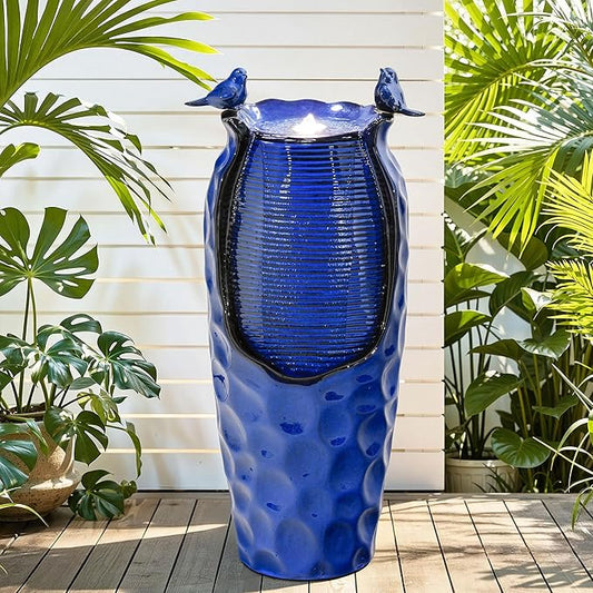 32.5" H Ceramic Jar Outdoor Fountain, Honeycomb Pot Water Feature with LED Lights, Soothing Trickling Waterfall for Garden, Patio, Yard, Balcony Oasis, KD Vivid Birds, Cobalt Blue Glaze