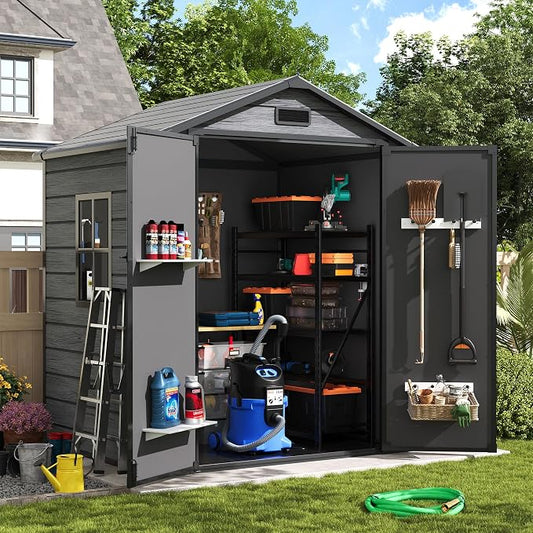 Amopatio Outdoor Storage Shed with Floor, 6x4.5 FT Lockable Plastic Tool Shed with Ventilation, Waterproof Resin Garden Sheds for Backyard, Patio, Lawn and Bike Dark Grey by Amopatio