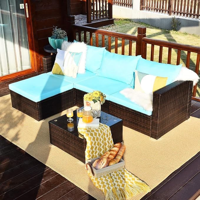 Tangkula 5 Piece Outdoor Patio Furniture Set, Sturdy Frame and Weight Capacity Up to 360 Pound, Wicker Sectional Sofa Set with Glass Top Coffee Table, Porch Garden Poolside Furniture for 4 (Turquoise)