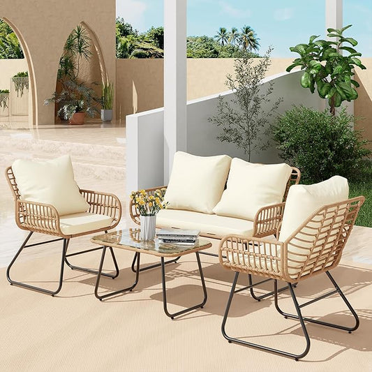 LEX CRAFT 4-Piece Wicker Outdoor Patio Furniture Set with Cushions & Tempered Glass Table, All-Weather Rattan Bistro Set with Loveseat Chairs Table Soft Cushions for Garden, Porch, Backyard (Beige)