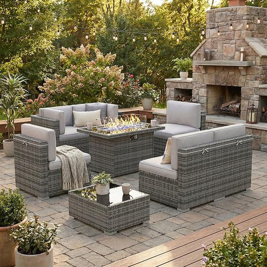 8 Pieces Patio Furniture Set with 44" Propane Gas Fire Pit Table, Outdoor Sectional Wicker Conversation Sofa Sets with Coffee Table