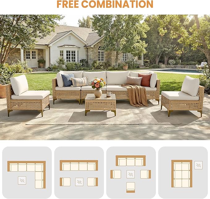 FHFO Oversized Patio Furniture Set, 7-Piece Wicker Patio Sectional Sofa Couch, Rattan Outdoor Conversation Set with Thick Cushion & Tempered Glass Coffee Table for Porch, Backyard, Yellow/Beige