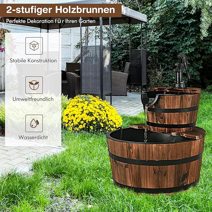Tangkula 2-Tier Water Fountain Outdoor, Rustic Wood Cascading Waterfall Fountain with Electric Pump, Outside Water Feature with Decorative Hand for Garden Patio Backyard (Fir Wood)