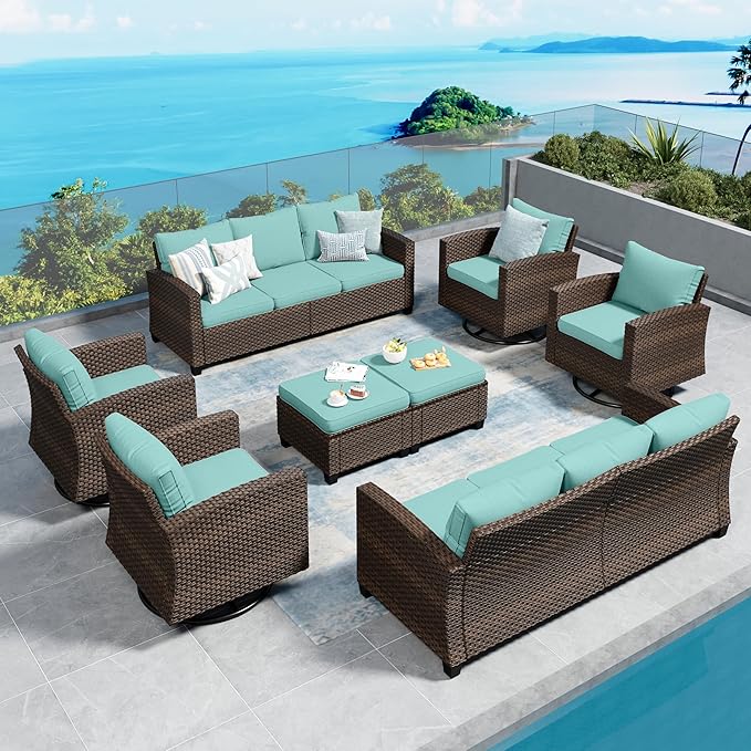 Swivel Glider Patio Furniture Set Outdoor Furniture Brown Wicker Rattan Patio Conversation Sets with Cushion Outside Sofa Set,8 Pieces,12 Seats,Blue