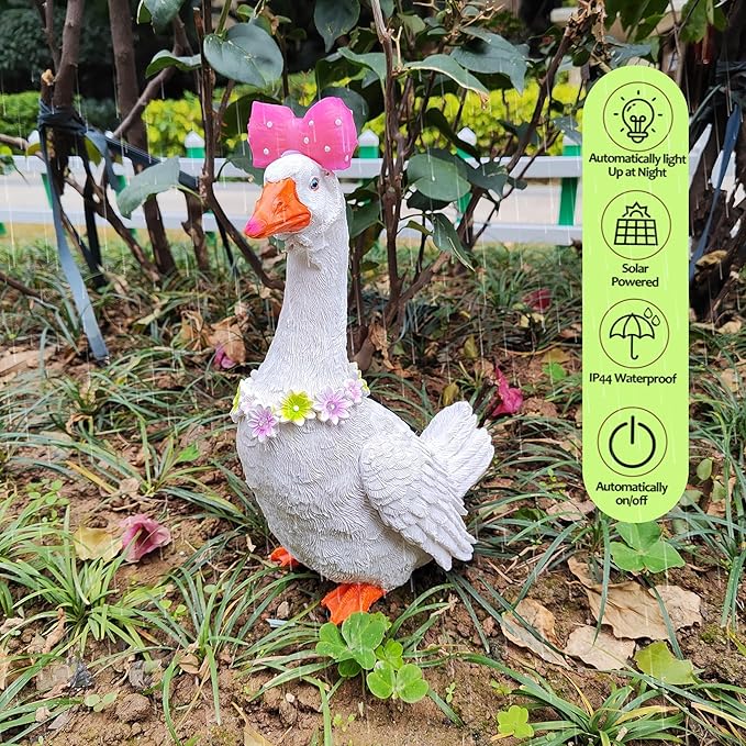 Solar Porch Goose Statue with Glowing Goose Outfits, 12 inch Resin White Goose Customizable Outdoor Garden Decor, Funny Duck Sculptures for Garden Stairs, Farm, Yard, Patio, Lawn, Easter Mom Gifts